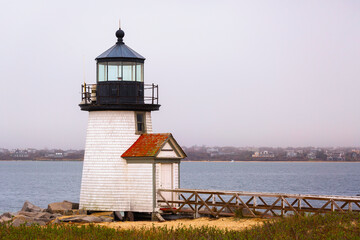 Brant Point Lighthouse at the entrance to Nantucket Harbor on the north side of Nantucket Island,...