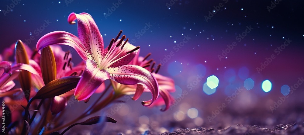 Poster purple lily flower on isolated magical bokeh background with copy space for text placement