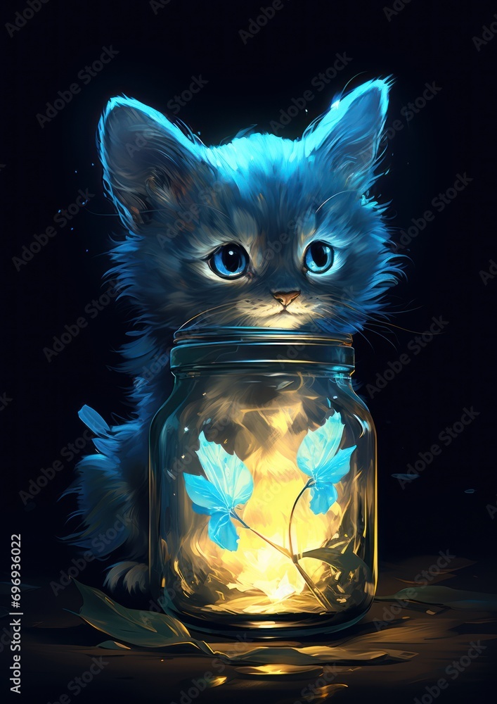 Poster a small kitten sitting inside of a glass jar with a light inside of it on a table next to a leafy pl