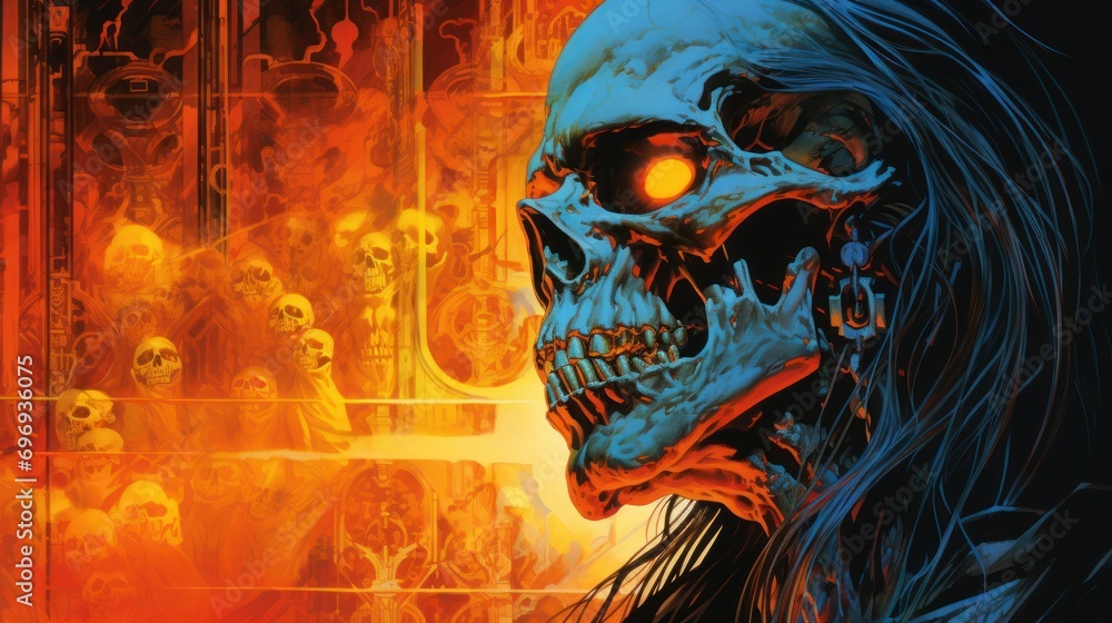 Aufkleber a painting of a skeleton with glowing eyes in front of a background of skulls and a glowing light in