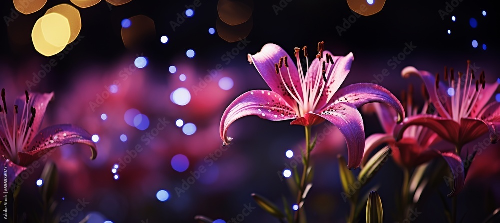 Poster purple lily on right with isolated bokeh background and two thirds copy space for text placement