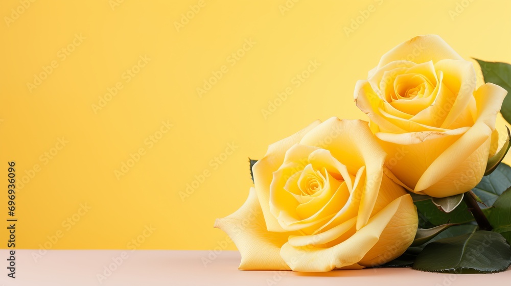 Poster Yellow rose on right side with isolated yellow background and copy space for text placement