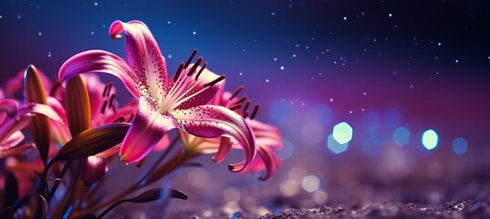 Purple lily flower on isolated magical bokeh background with copy space for text placement - Powered by Adobe