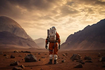 Foto auf Acrylglas Astronaut wearing space suit walking on a surface of a red planet mars generative AI picture © Tetiana