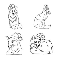 Vector contour drawing of Christmas fox in a hat