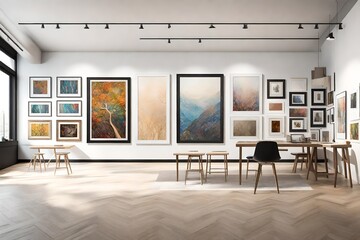 A gallery-style wall mockup in a contemporary art studio, showcasing a diverse range of framed artworks, providing an immersive and inspiring backdrop for creative endeavors.
