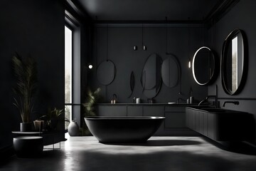 Dark bathroom wall mockups interior with concrete floor, black bathtub and oval mirrors, double sink, side view. Minimalist black bathroom with modern furniture. 3d rendering