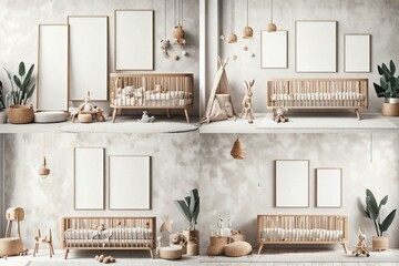 Rectangular frame poster mockup, on the light concrete wall in the living interior of a baby room, with modern boho furniture and with baby cot, Scandinavian style interior decoration
