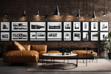 An urban loft wall mockup, featuring an industrial-inspired arrangement of framed black and white photographs, contributing to the edgy and modern aesthetic of the living space.