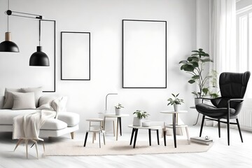 White living room design. View of modern scandinavian style interior with chair and black poster frame on white wall. Home staging and minimalism concept