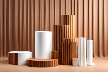 Realistic brown wood and white 3D cylinder pedestal podium with vertical wood pattern background. Abstract minimal scene for mockup products, stage showcase, promotion display. Vector geometric forms.