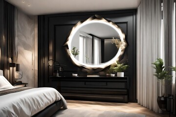 Classic Dressing Wall Mockups Mirror with LED Light and Black Console Attached to the Wall next to the Bed