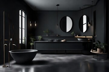 Dark bathroom wall mockups interior with concrete floor, black bathtub and oval mirrors, double sink, side view. Minimalist black bathroom with modern furniture. 3d rendering