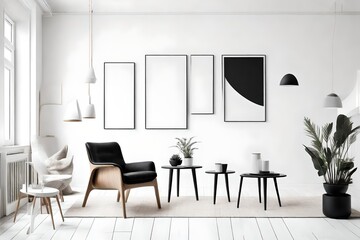 White living room design. View of modern scandinavian style interior with chair and black poster frame on white wall. Home staging and minimalism concept