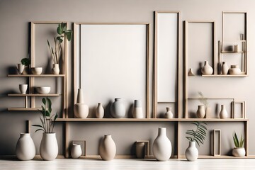 A wall with minimalistic shelves and a collection of beautiful vases on them. Empty vertical frame for wall art mockup. Interior in modern japandi style