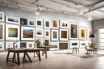 A gallery-style wall mockup in a contemporary art studio, showcasing a diverse range of framed artworks, providing an immersive and inspiring backdrop for creative endeavors.