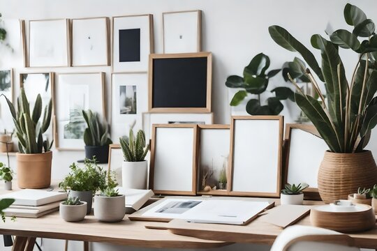 Design scandinavian interior of home office space with a lot of mock up photo frames, wooden desk, a lot of plants, mirror, office and personal accessories. Stylish neutral home staging.