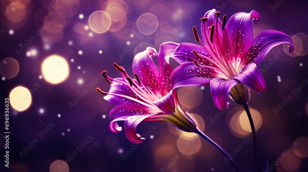 Poster purple lily on right side with isolated magical bokeh effect background and text space on left side
