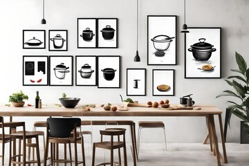 A minimalist kitchen wall mockup with a series of framed culinary-inspired prints, contributing to the culinary atmosphere and adding a touch of creativity to the cooking space.
