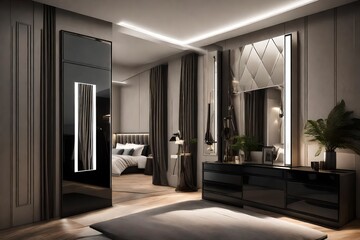 Classic Dressing Wall Mockups Mirror with LED Light and Black Console Attached to the Wall next to the Bed
