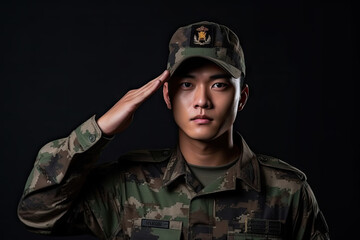 portrait of male soldier in camouflage saluting