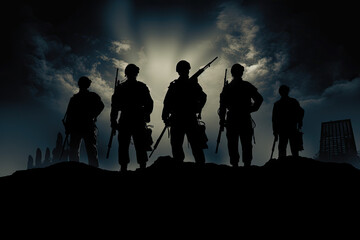 Fototapeta na wymiar Silhouette of a group of soldier in the forest at sunset
