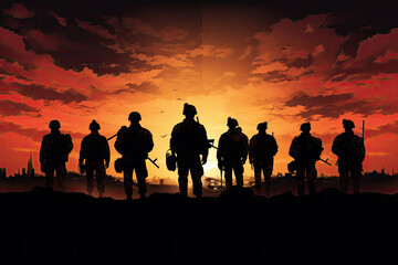 Silhouette of a group of soldier in the forest at sunset