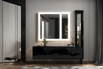Classic Dressing Wall Mockups Mirror with LED Light and Black Console Attached to the Wall next to the Bed