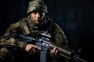 Fototapeta premium Portrait of a young soldier with assault rifle on dark background.
