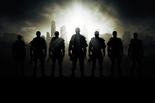 Silhouette of a group of soldier in the forest at sunset - Powered by Adobe