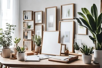 Design scandinavian interior of home office space with a lot of mock up photo frames, wooden desk, a lot of plants, mirror, office and personal accessories. Stylish neutral home staging.
