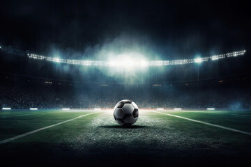 Soccer ball on the field of stadium at night. Mixed media