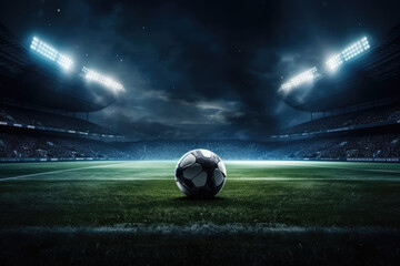 Soccer ball on the field of stadium at night. Mixed media - obrazy, fototapety, plakaty