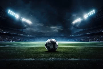 Fotobehang Soccer ball on the field of stadium at night. Mixed media © Kitta
