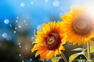 Yellow sunflower on right side against magical bokeh background with generous text space.