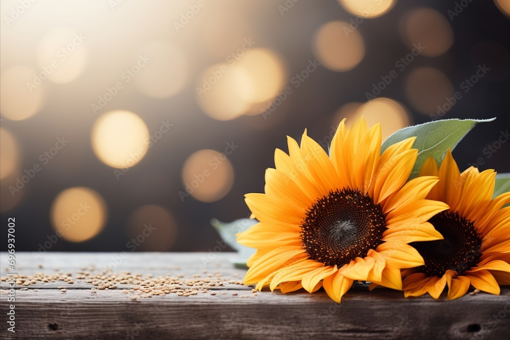 Poster captivating sunflower with magical bokeh background on right side, text space on left