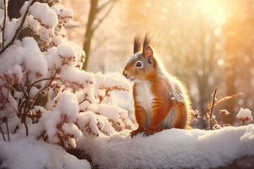 Naklejka na ściany i meble closeup shot of a cute little squirrel on the snowy ground