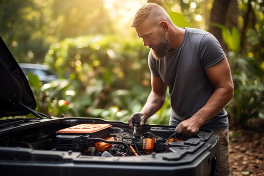 Skilled Technicians Hands Carrying Out Outdoor Repairs and Maintenance on Electric Car Battery