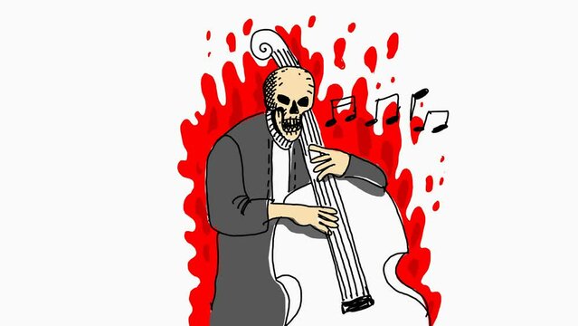 Hand drawn animation skull play cello