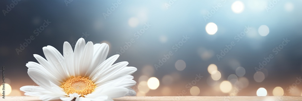 Poster elegant white daisy on enchanting bokeh background with ample space for text and design elements