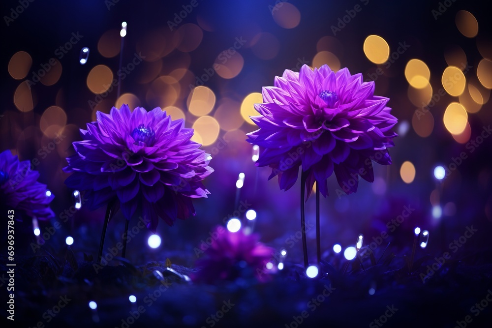 Poster purple dahlia flower with magical bokeh effect background and copy space on left side