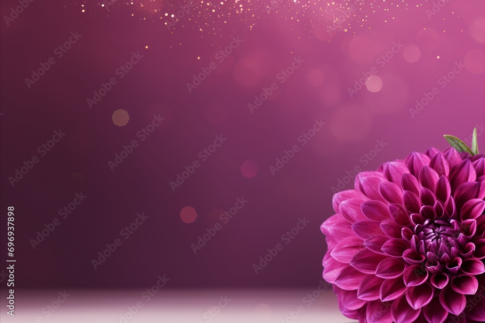 Poster purple dahlia blossom on isolated magical bokeh background with copy space for text placement