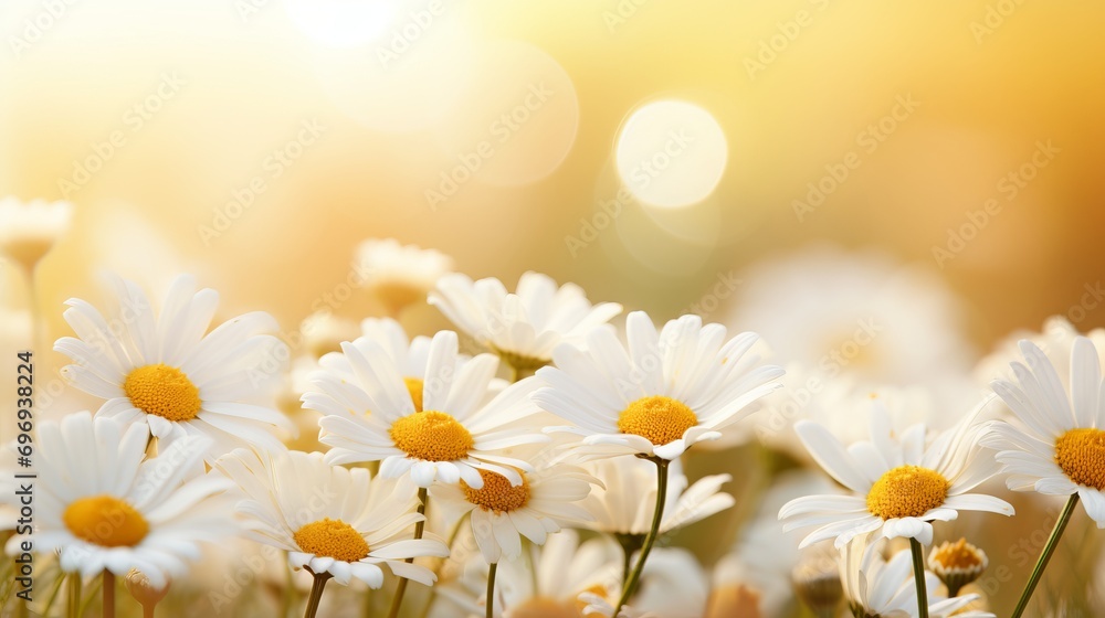 Poster white daisy on isolated bokeh background with two thirds copy space for text placement