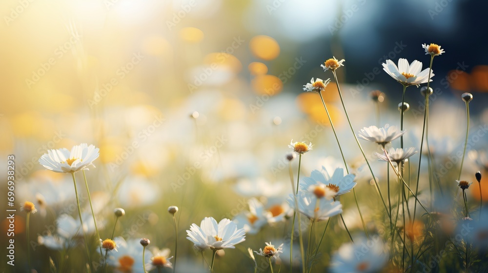 Poster white daisy blossom on isolated magical bokeh background with copy space for text placement