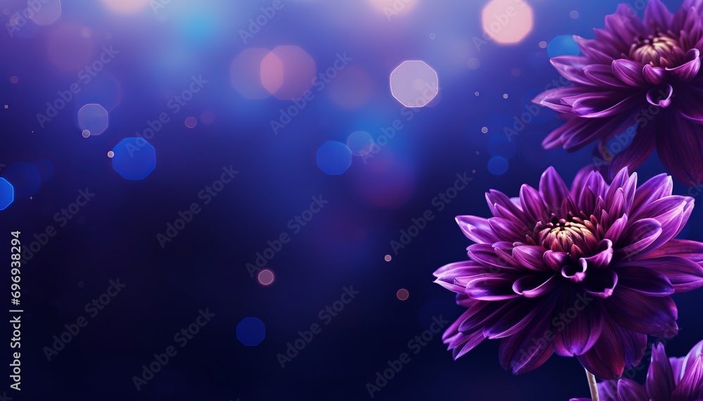 Poster purple dahlia on right with magical bokeh background, generous text space on left side