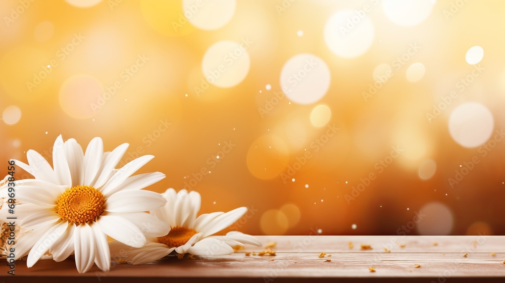 Poster isolated white daisy on magical bokeh background with ample copy space for text placement
