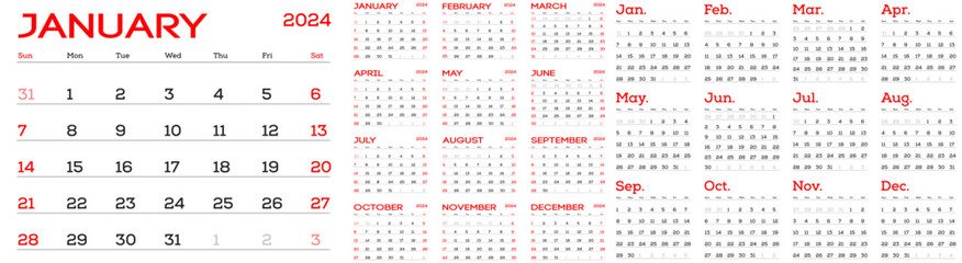 Set of ready-made elements for designing and printing a wall calendar for 2024. Vector color image. Elements for design - obrazy, fototapety, plakaty