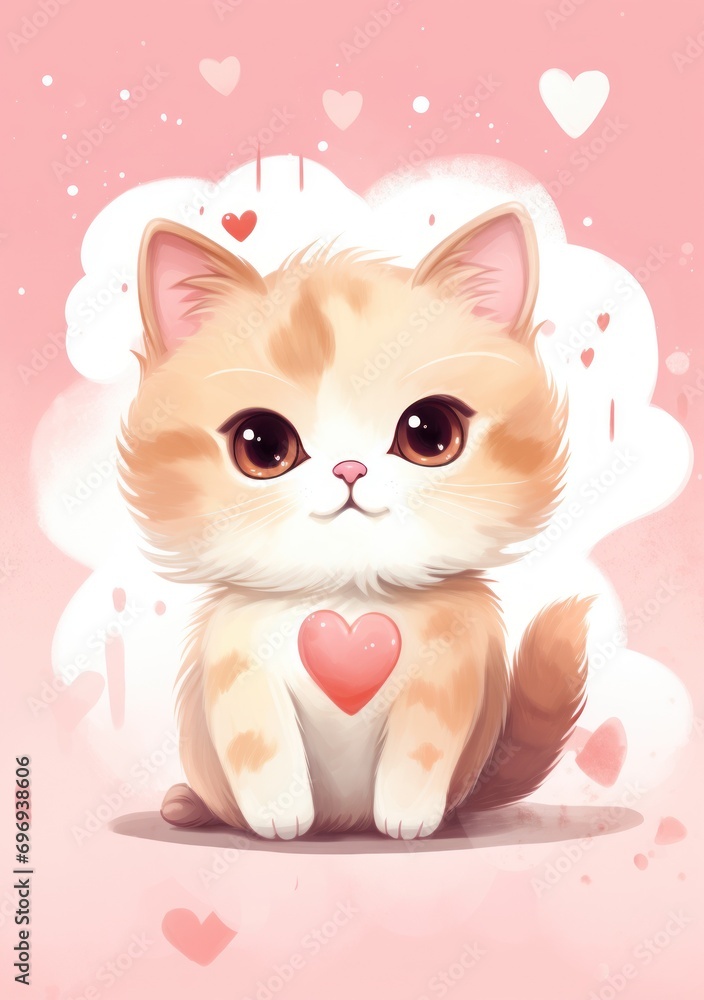 Poster a cat with a heart on it's chest sitting in front of a cloud with a heart on it's chest.