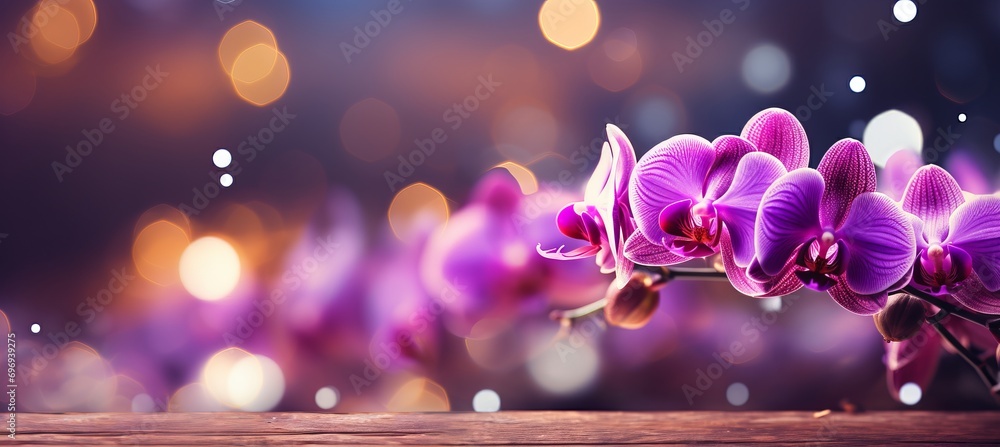 Poster pink orchid on magical bokeh background with two thirds copy space for text placement
