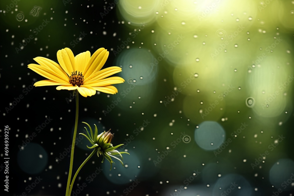 Poster vibrant yellow daisy on enchanting isolated bokeh background with two thirds for text placement